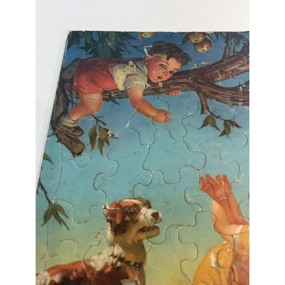 Vintage Mid Century Tray Puzzle Children Dog Picking Apples Cardboard Frame